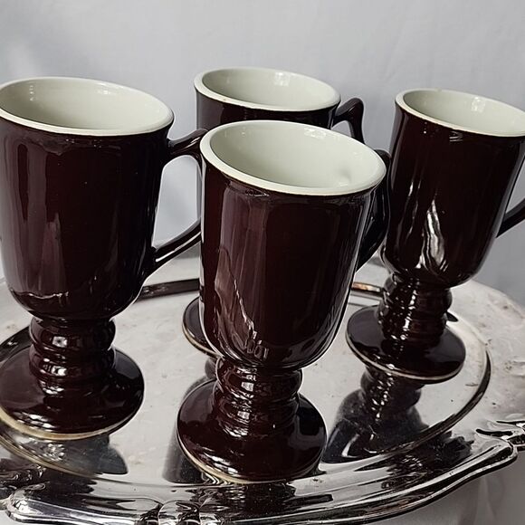 Vintage Chocolate Brown Hall Pottery Pedestal Mugs Set of 4 - Picture 11 of 14